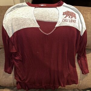 Women’s Cali Girl 3/4 Length Sleeve Burgundy Shirt from About A Girl - Size XL